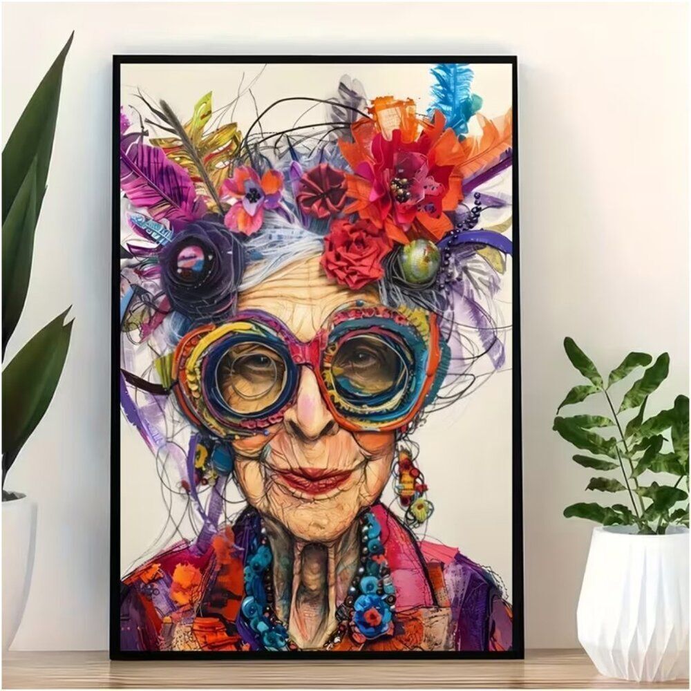 NWT 16x24 Colorful Artsy Old Lady Canvas Wall Art Flowers Hair Glasses Unframed